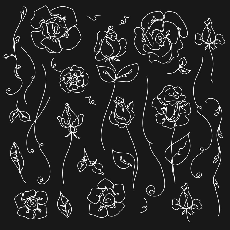 Rose continuous line set, outline sketch style vector abstract art.