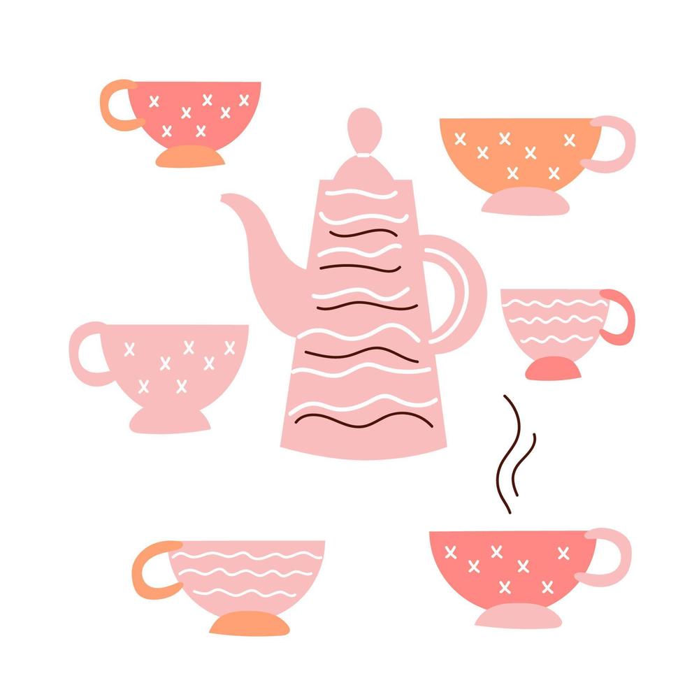 Ceramic teapot and pair of cups or mugs in hygge style isolated. Cute Tea ware set. vector