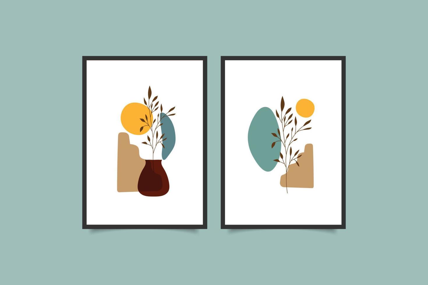 mid century modern abstract landscape with line art hand drawn boho contemporary poster wall art vector