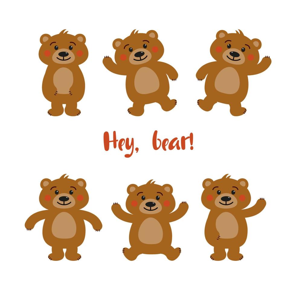 Cute teddy bear character set on white background in vector simple flat style. Bear standing, waving by paw, smiling, dancing, sitting, hugging.