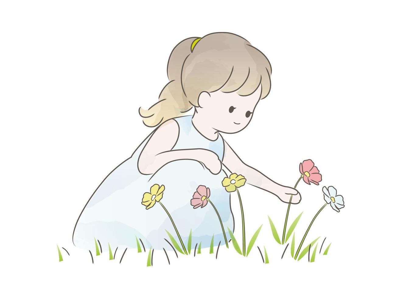 Watercolor Cute Girl Picking Wild Flowers. Vector Illustration  Isolated On A White Background.