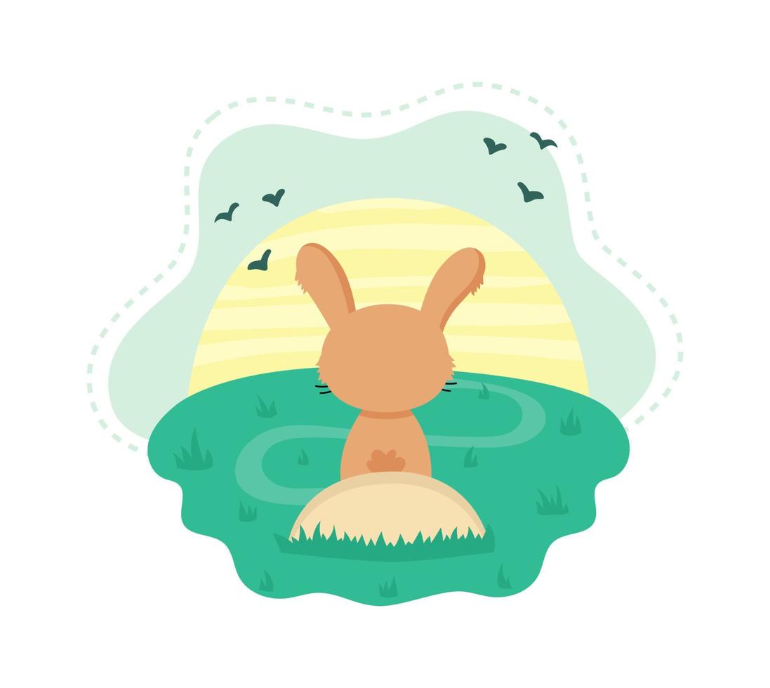 Cute cartoon rabbit sitting on a stone at sunset. Funny animal character for kids design.  Flat vector illustration.