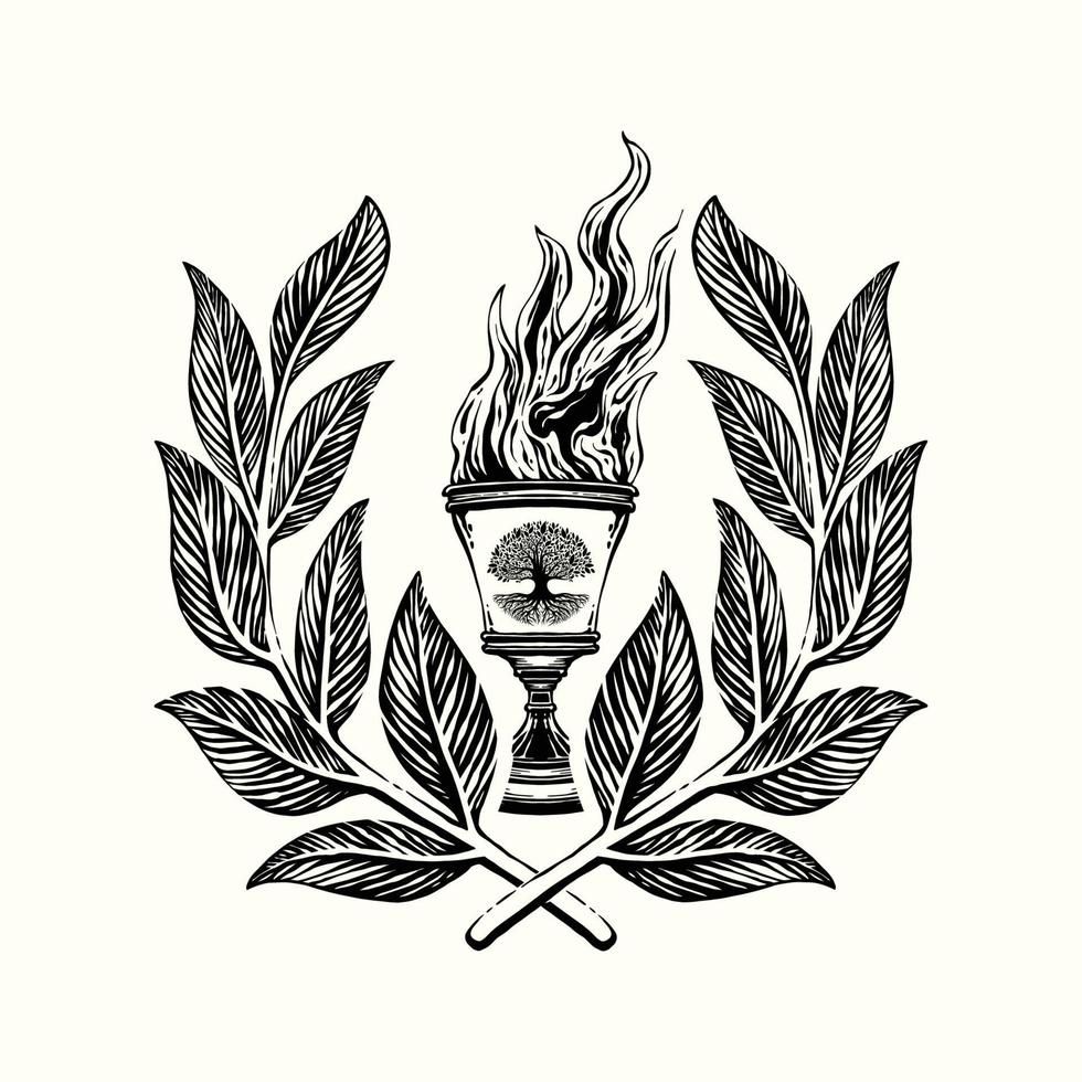 Illustration chalice with fire and leaf wreath hand drawing vintage vector