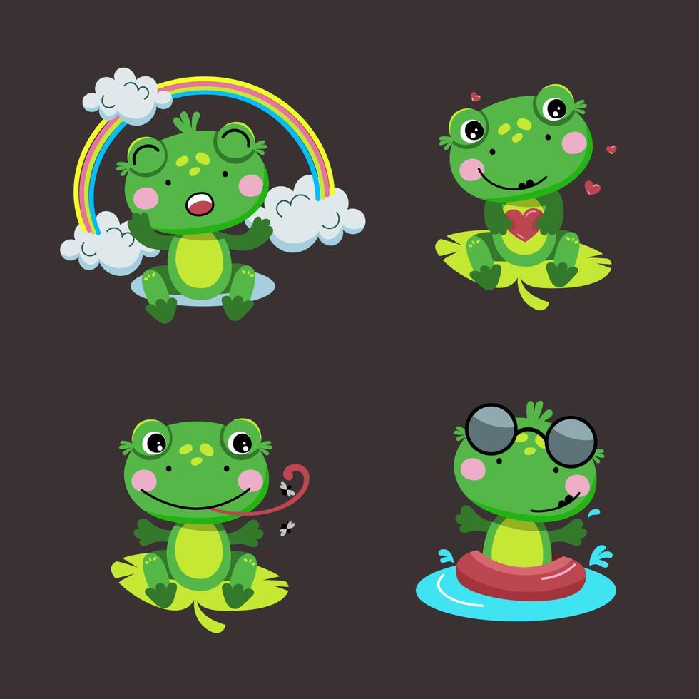linda rana verde. un conjunto de ranas en diferentes situaciones. ilustración vectorial aislada en un estilo plano vector