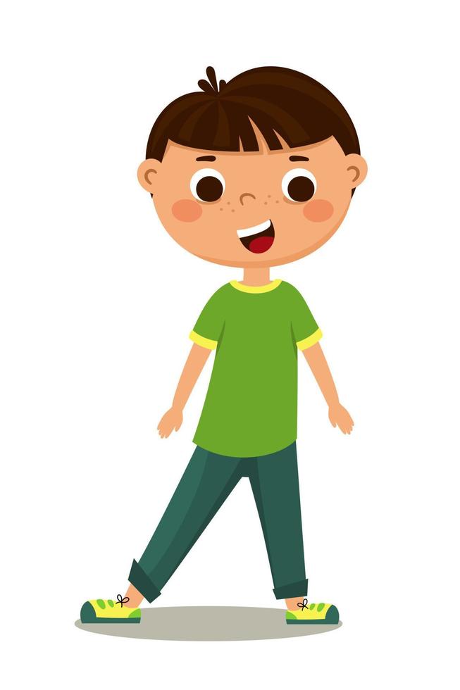 A cute boy character in jeans and a full-length green T-shirt. Vector illustration isolated on a white background