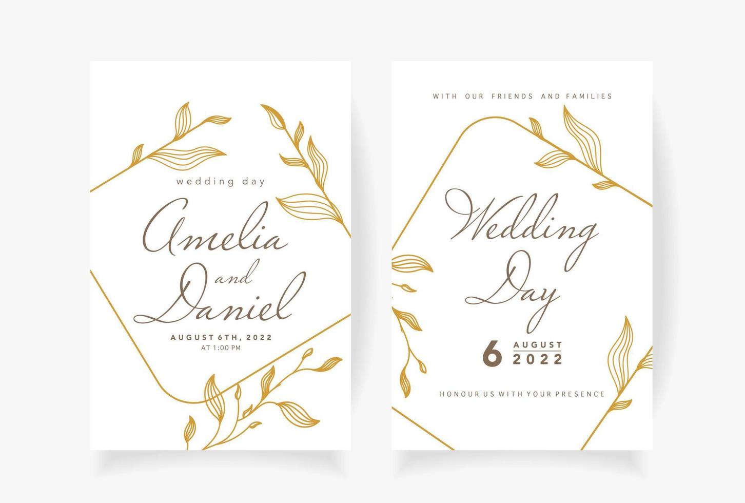 Wedding invitation template with beautiful leaves and geometric golden frame Vector