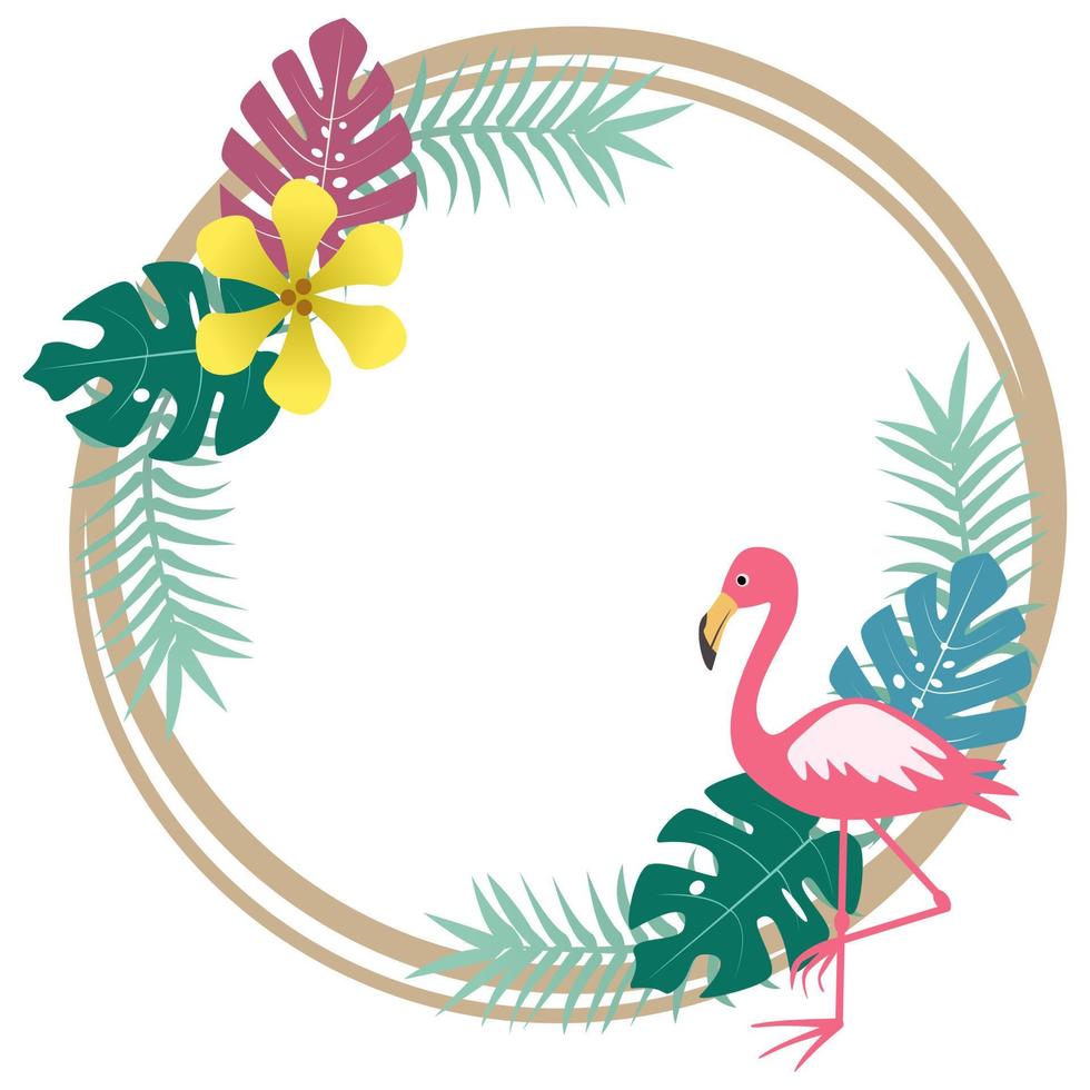 hermosa hoja de marco tropical redondo con flamingo. vector