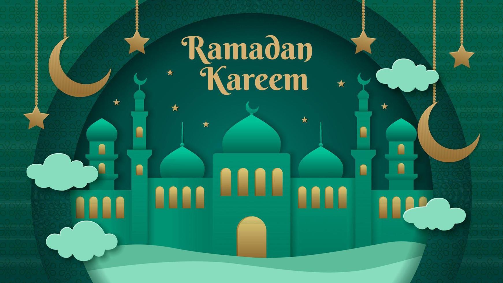 Ramadan Kareem with Paper Art Mosque in Desert vector