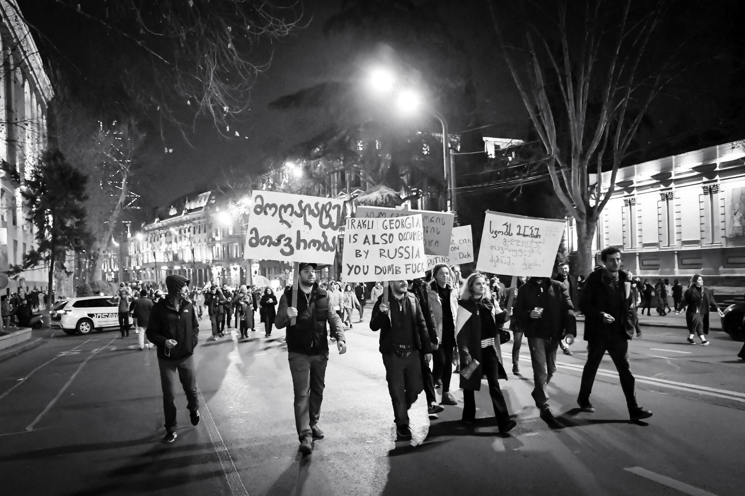 Tbilisi, Georgia, 2022 -Hundreds of people stand for Ukrainian people against Russian troops attack and invasion on Ukraine photo