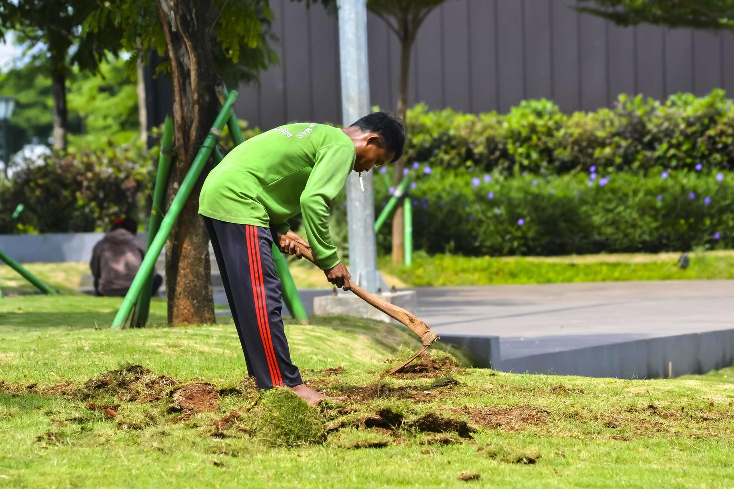 Bekasi, West Java, Indonesia, March 5th 2022. A gardener is hoeing the ground photo