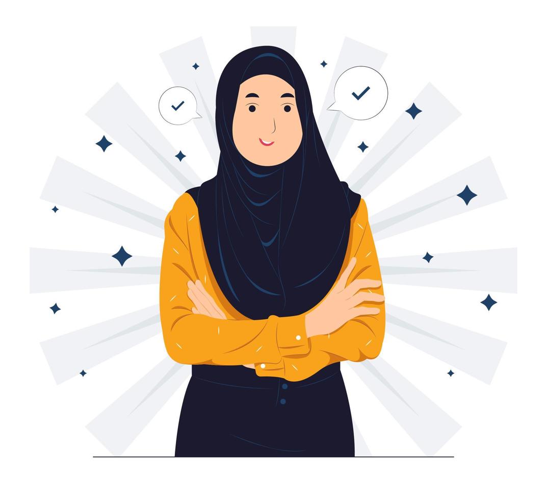 Successful Muslim Business woman with crossed arms and dressed in stylish suit with confidence, pointing herself with fingers proud and happy, high self esteem, concept illustration vector