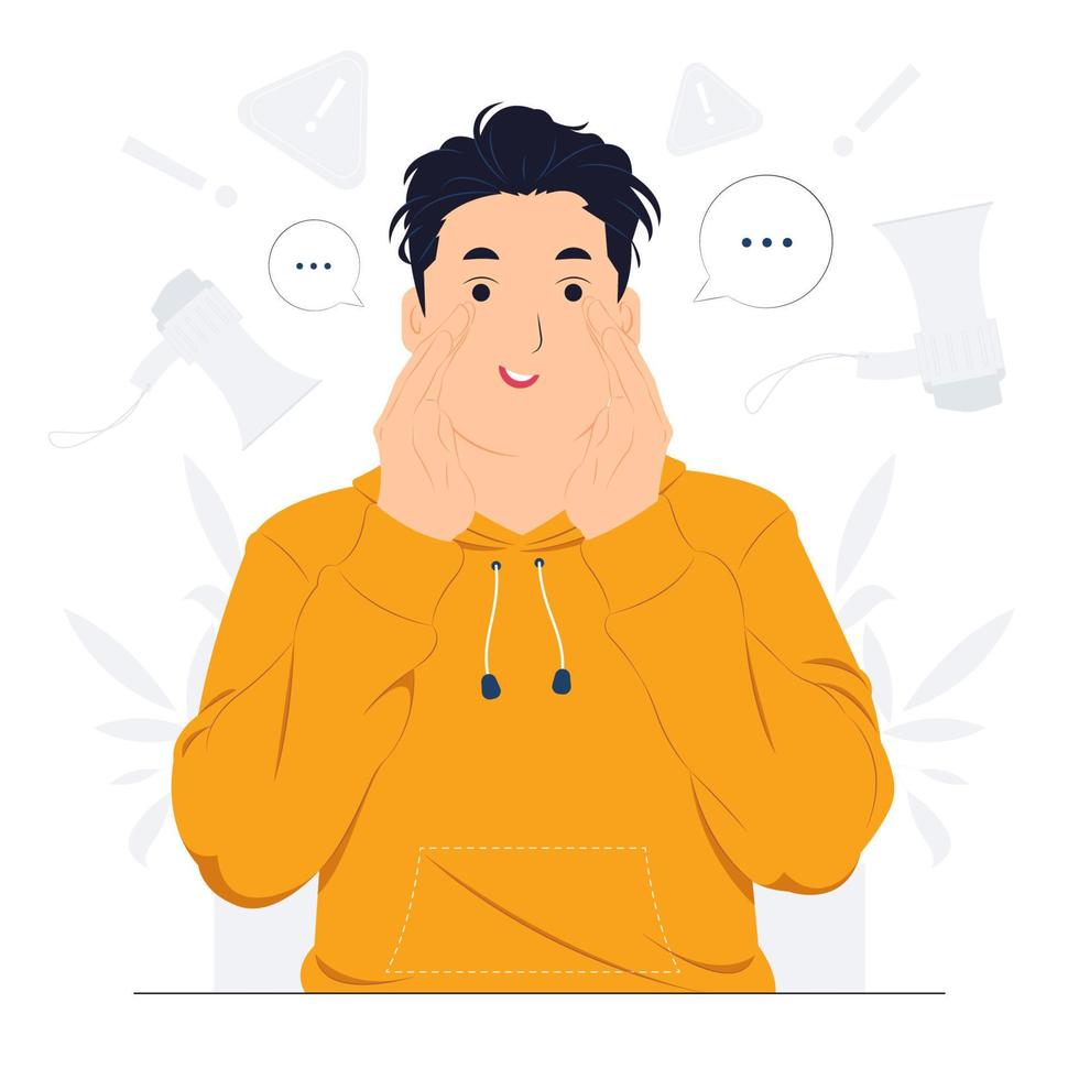 Man shouting and doing announcement in megaphone concept illustration vector