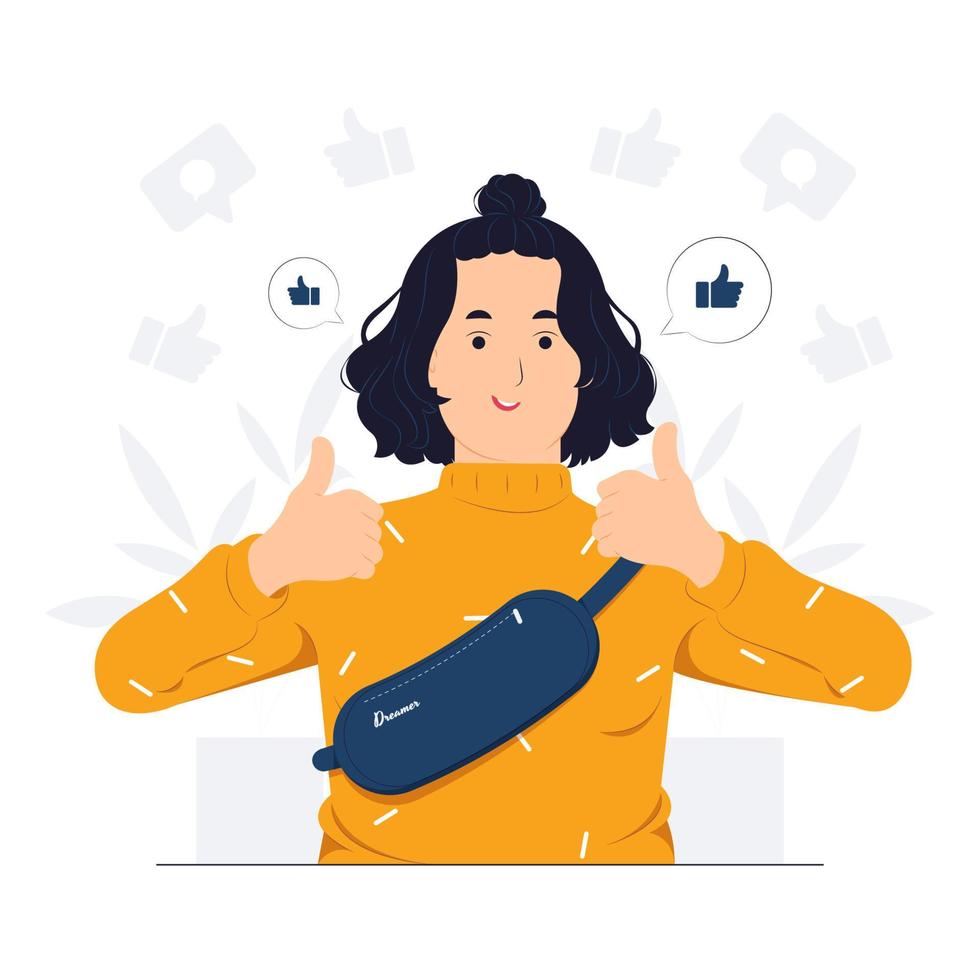 Woman showing like hand sign, feedback, public approval, joy, success, approval, happiness, and thumbs up symbol concept illustration vector