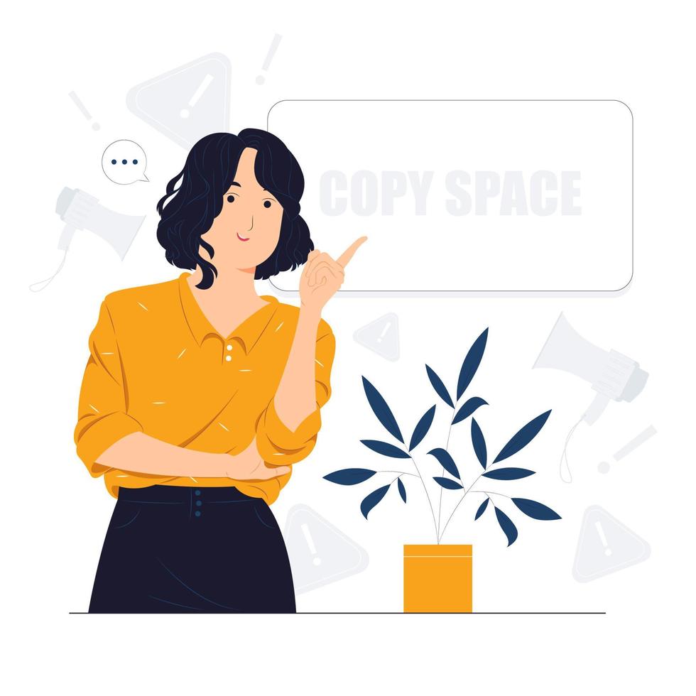 Beautiful woman showing and pointing fingers upper left and right corner with happy expression advices use this copy space wisely concept illustration vector