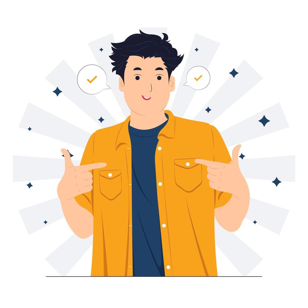 Successful business man dressed in stylish suit with confidence, pointing himself with fingers proud and happy, high self esteem, concept illustration vector