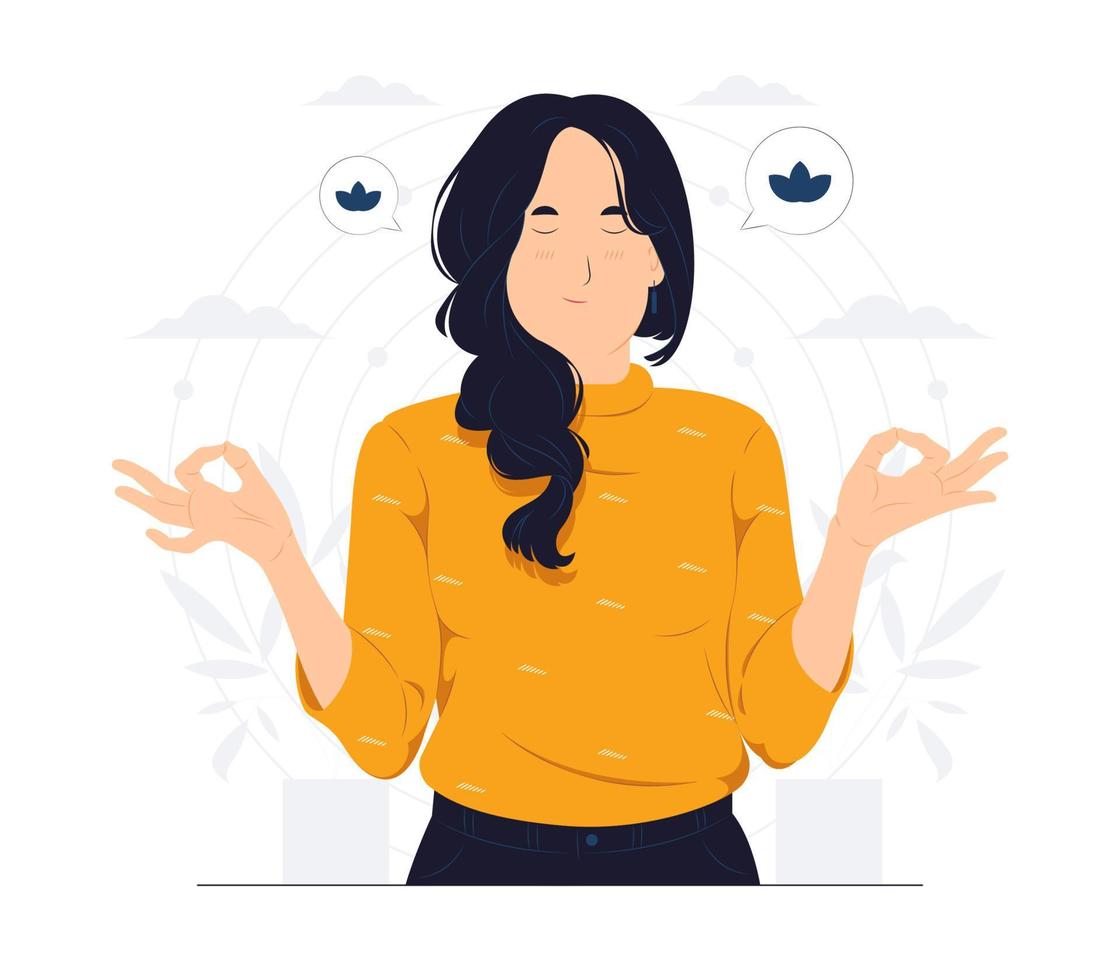 Lifestyle, people emotions, Relaxed and patient smiling young woman with closed eyes meditating to calm down, do breathing exercises with hands in zen gesture concept illustration vector