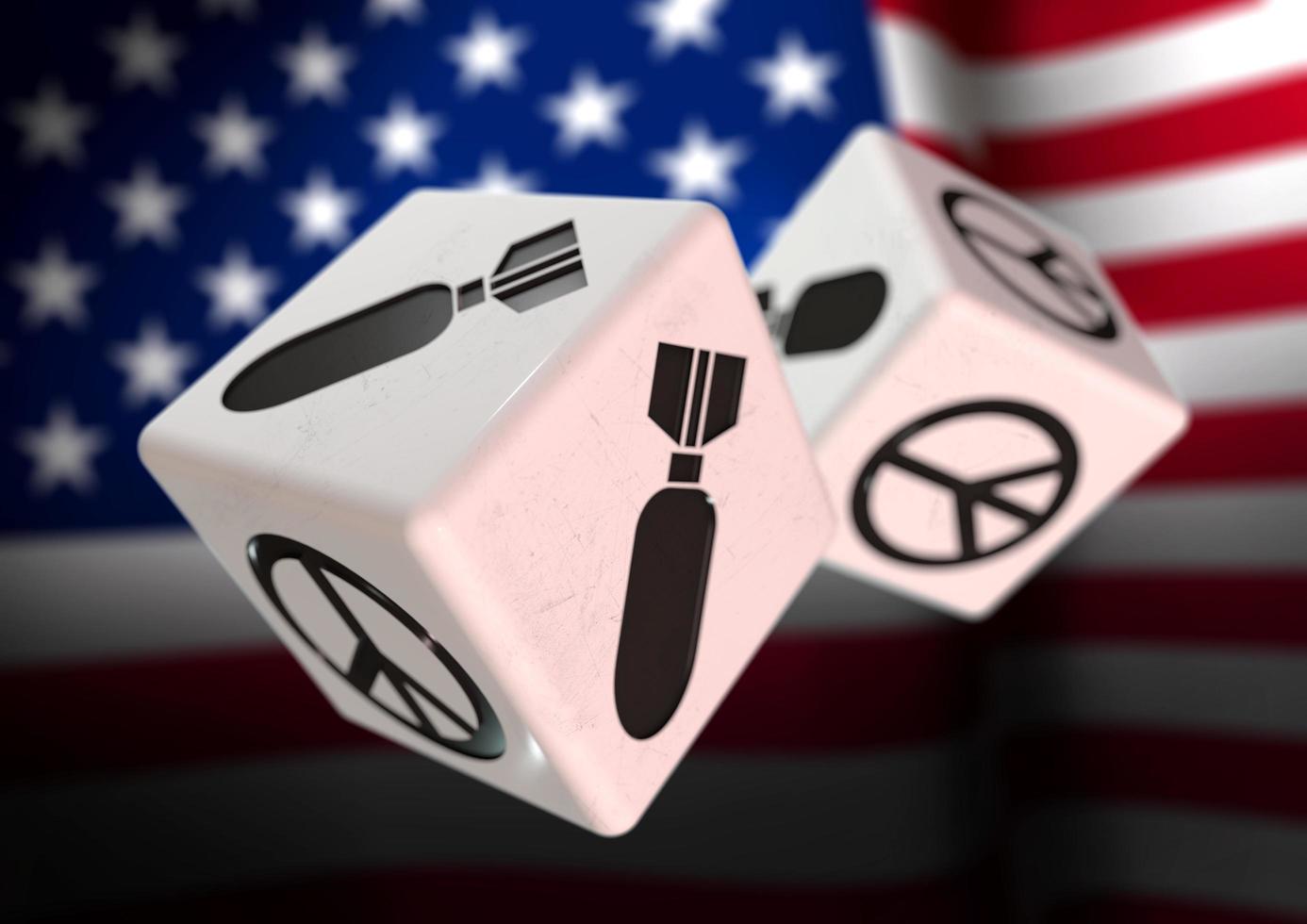 Dice with war and peace symbols on each side. Rolling dice with American flag in background. photo