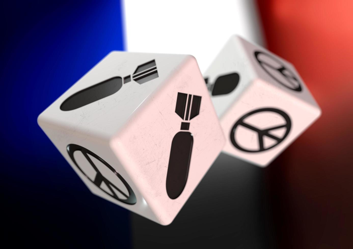 Dice with war and peace symbols on each side. Rolling dice with French flag in background. photo