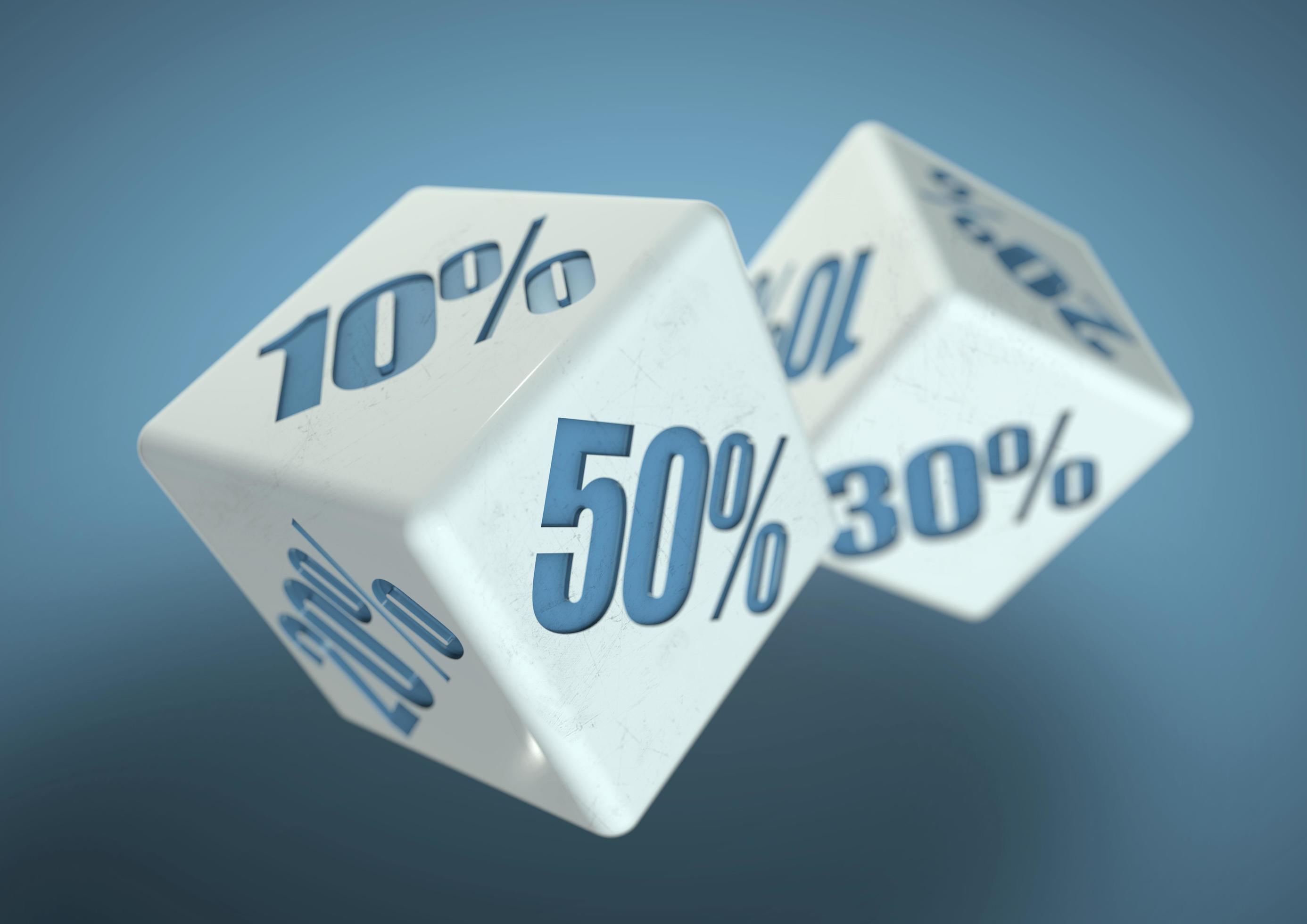 Two dice rolling. Percentage savings on each face. Discount, deal, sale