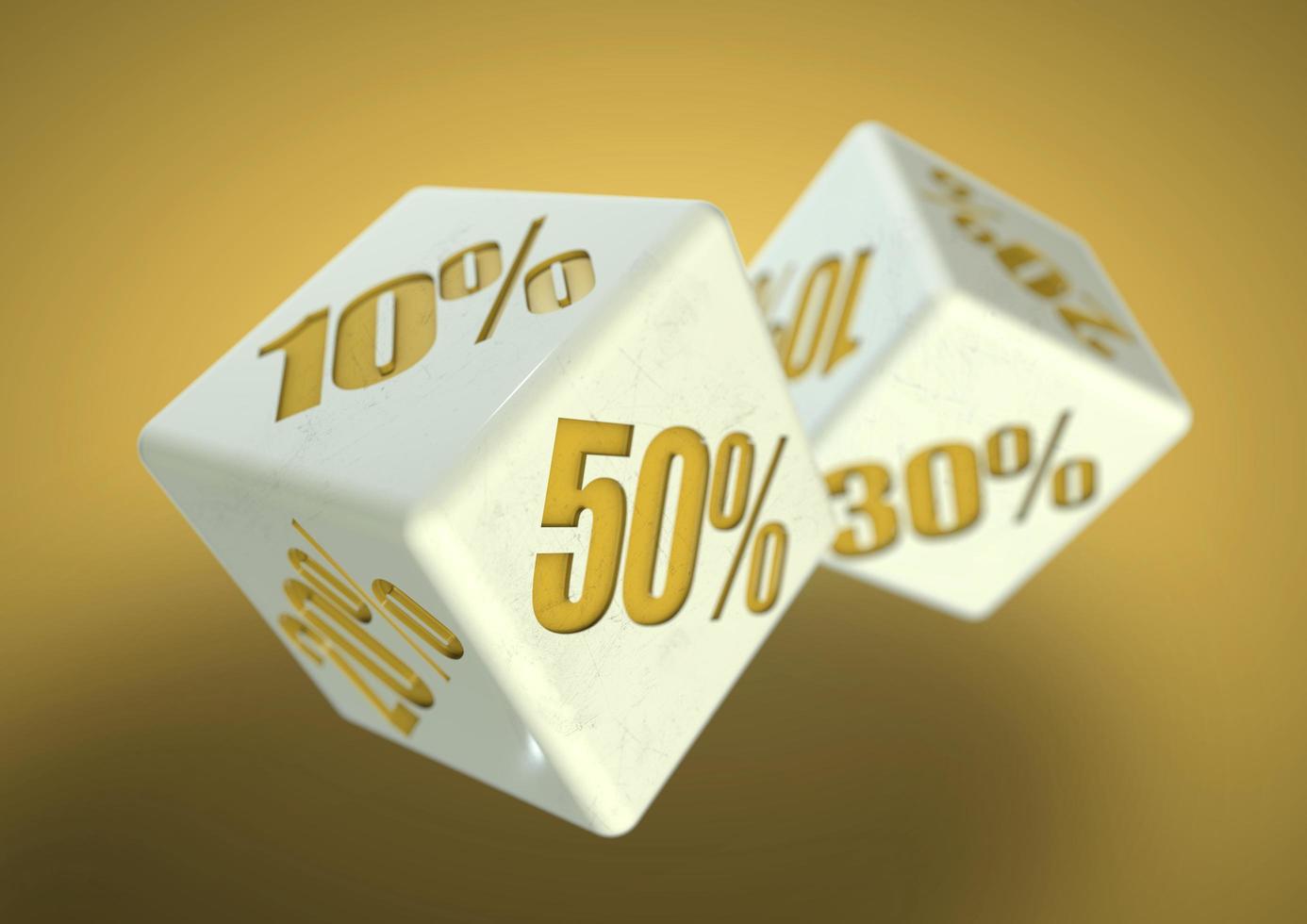 Two dice rolling. Percentage savings on each face. Discount, deal, sale, save money photo