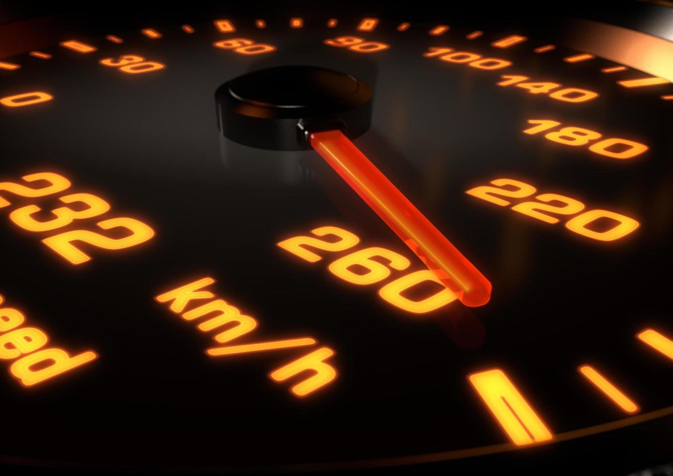 3D Illustration of a Car speedometer with needle up at 260km per hour. Bright orange lights and dials with depth of field. photo