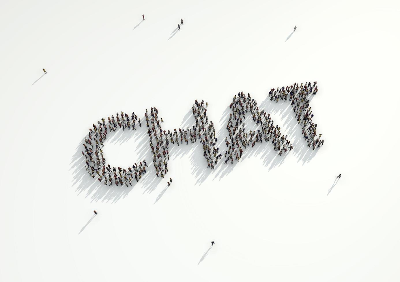 Aerial shot of a crowd of people forming the word 'Chat'. Concept for how people follow each other on social networks and social media channels, websites, chat rooms and news groups. photo