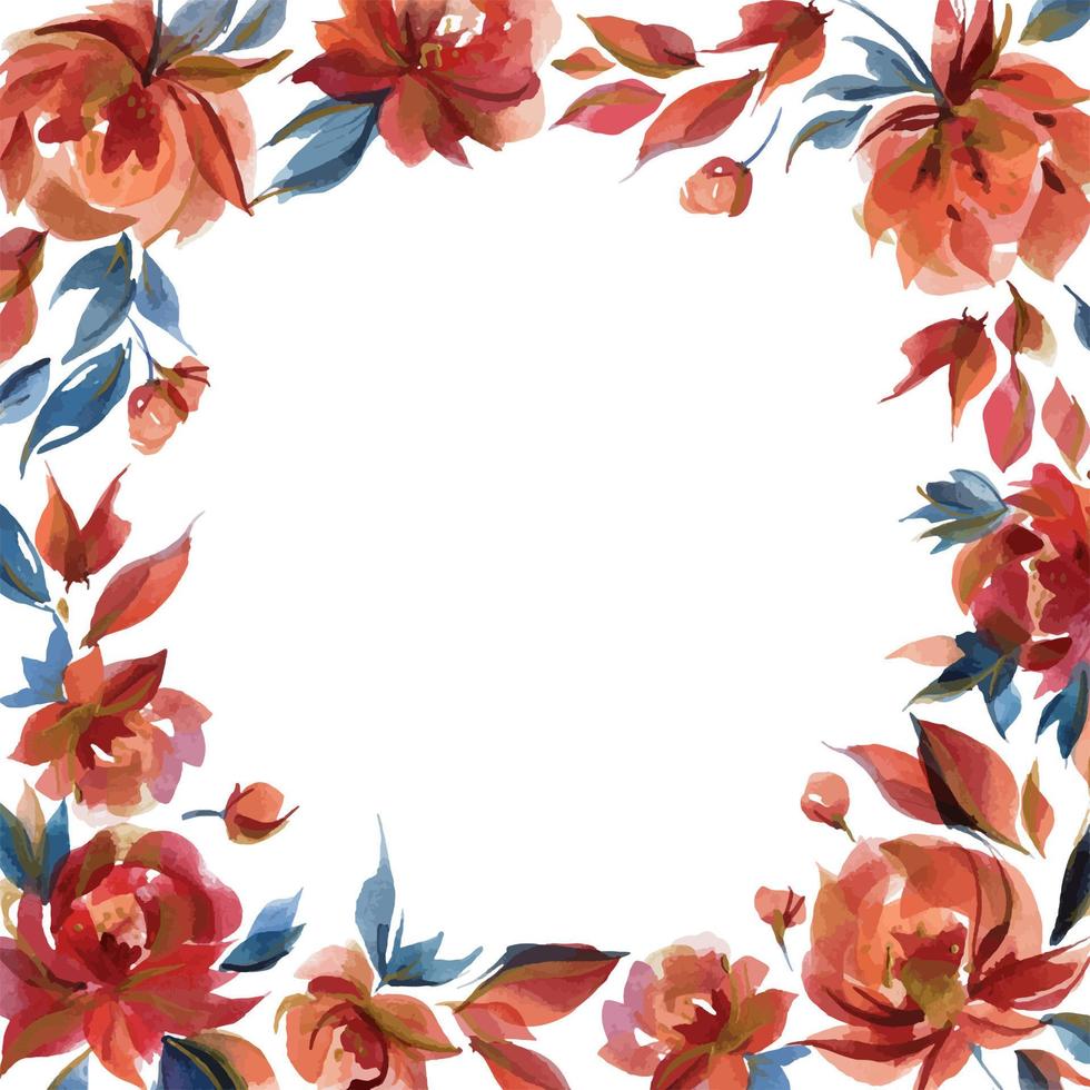 Square framr with red and blue rose flowers and leaves vector