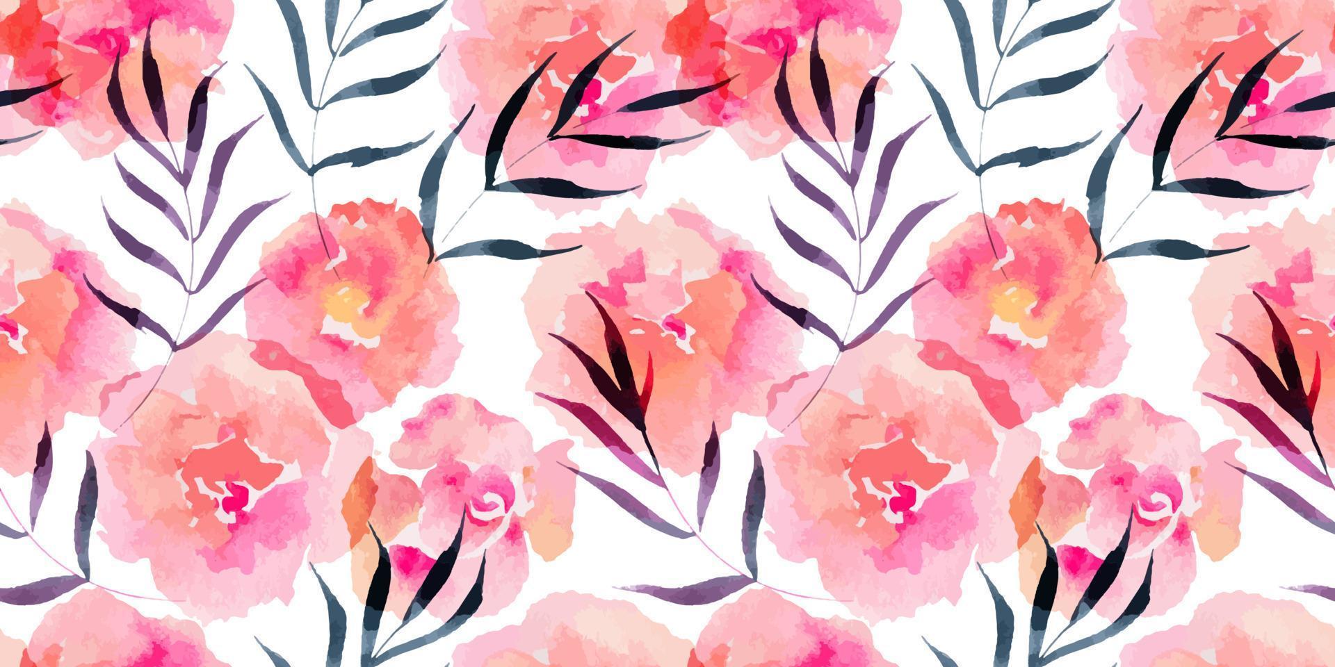 Rose flowers and Willow leaves watercolor seamless pattern vector