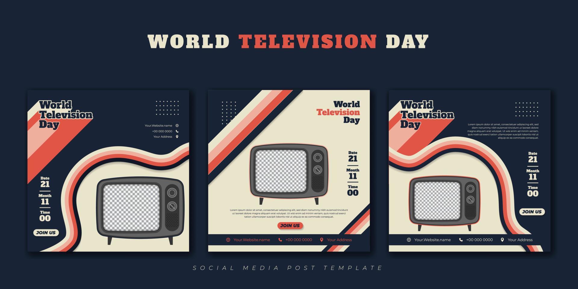 conjunto de plantillas de publicaciones en medios sociales con televisión y diseño de fondo vintage. diseño de plantilla del día mundial de la televisión. vector