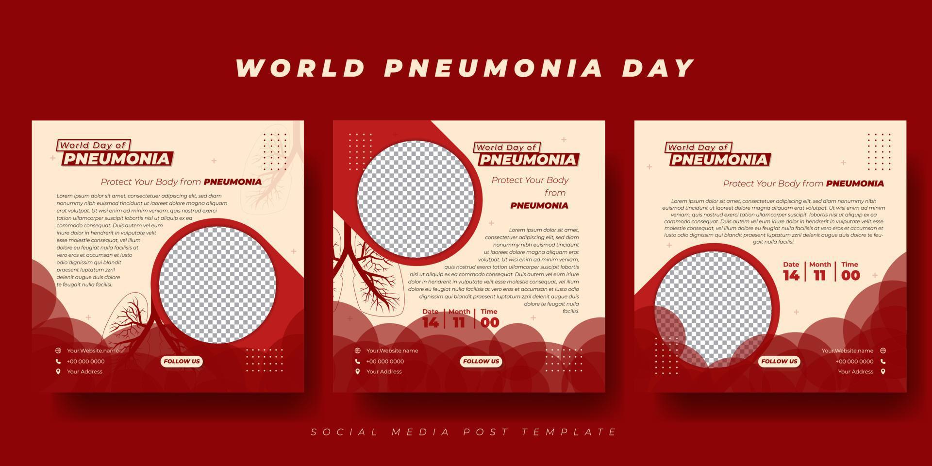 conjunto de plantillas de publicaciones en redes sociales rojas con diseño de pulmones. diseño de plantilla del día mundial de la neumonía. vector