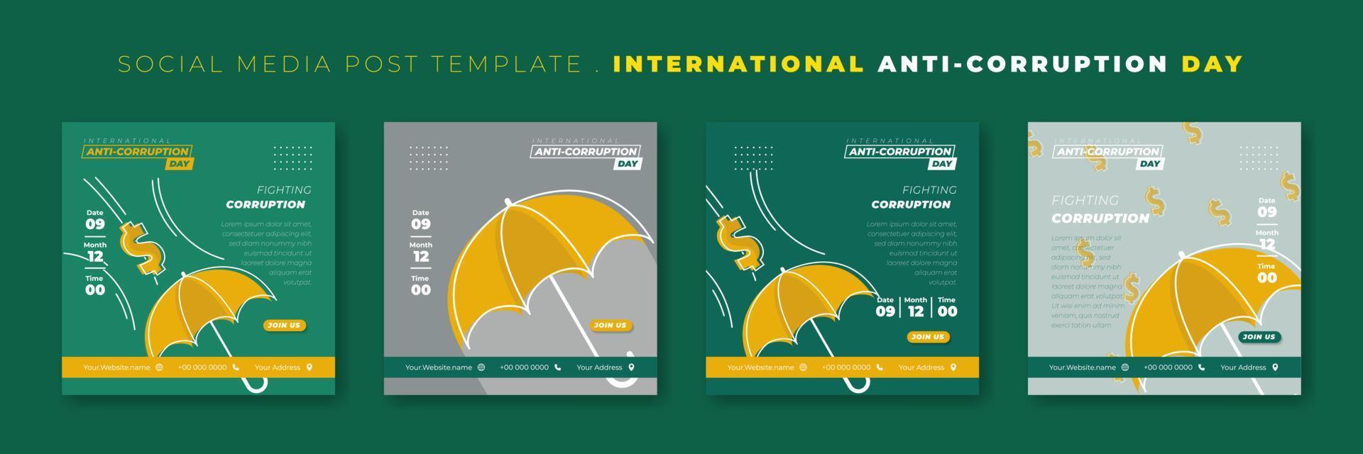 conjunto de plantillas de publicaciones en redes sociales con diseño de paraguas. diseño de plantilla del día internacional contra la corrupción. vector