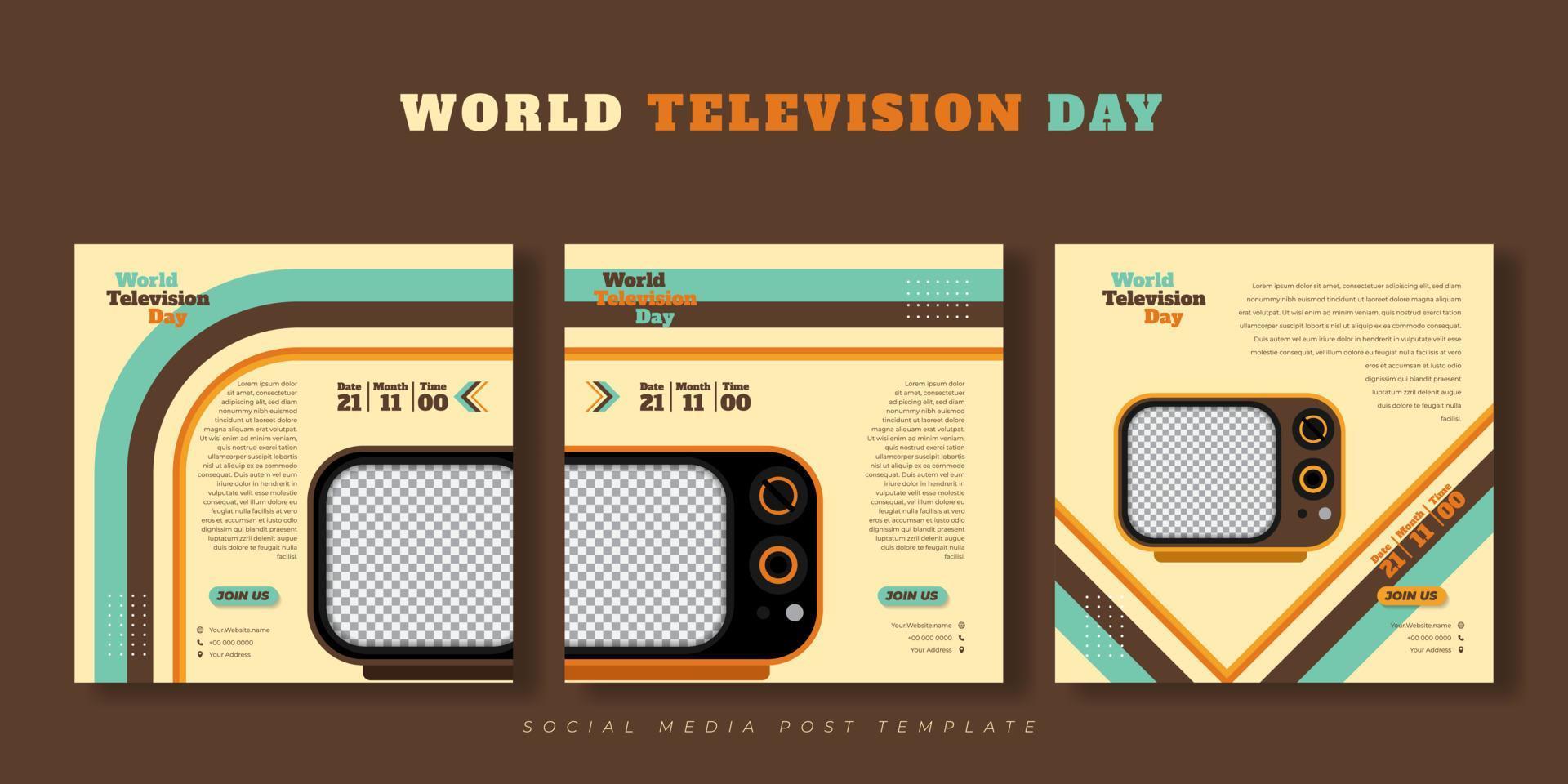 conjunto de plantillas de publicación en medios sociales con diseño de televisión vintage. diseño de plantilla del día mundial de la televisión. vector