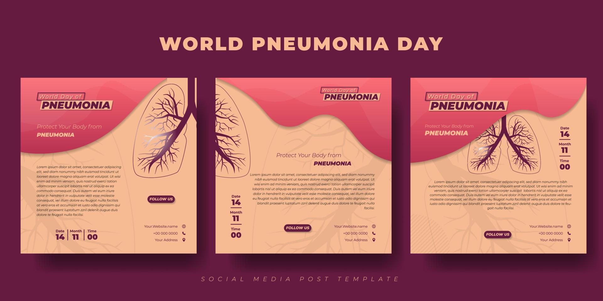 conjunto de plantillas de publicaciones en redes sociales con diseño de pulmones. diseño de plantilla del día mundial de la neumonía. vector