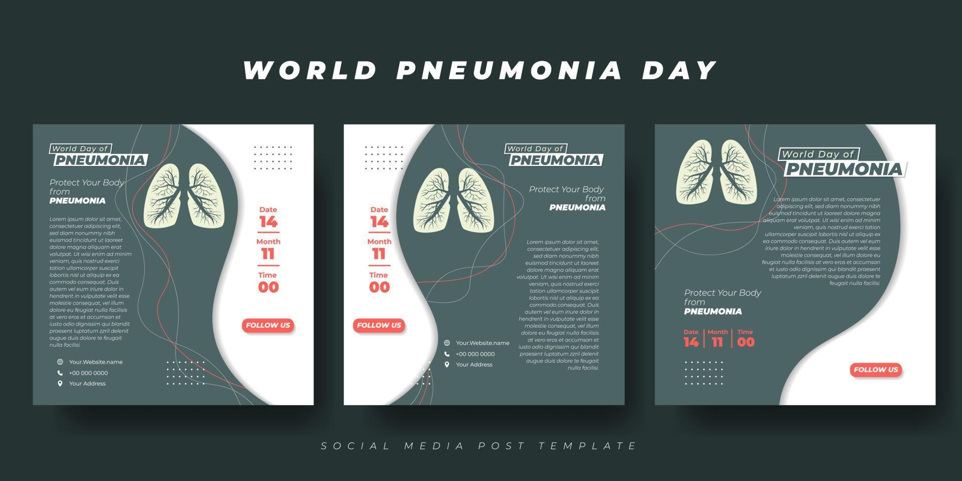 conjunto de plantillas de publicación en medios sociales con diseño verde oscuro y pulmones. diseño de plantilla del día mundial de la neumonía. vector