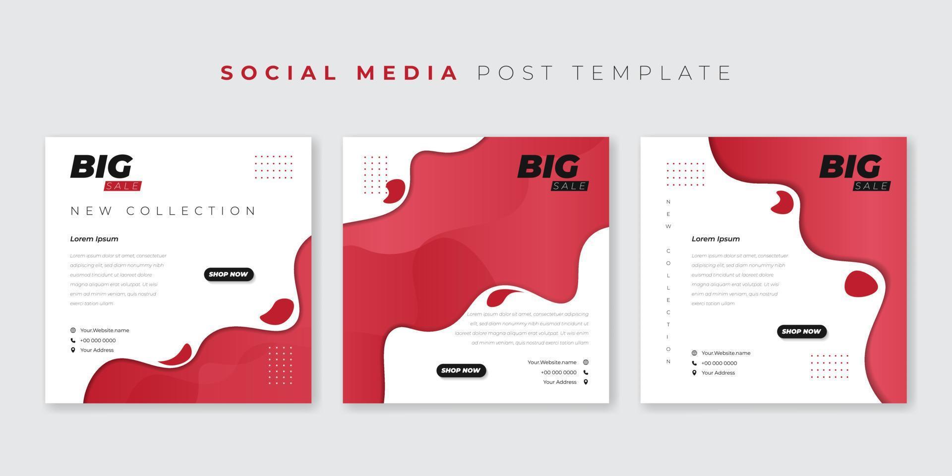 Set of social media post template with simple red paper cut on white background design. vector