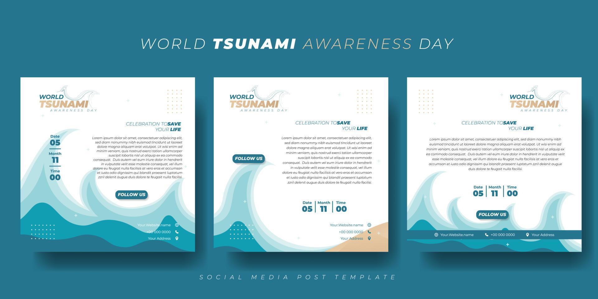 conjunto de plantillas de publicación en medios sociales con diseño de olas de tsunami sobre fondo blanco. diseño de plantilla del día mundial de concientización sobre tsunamis. vector