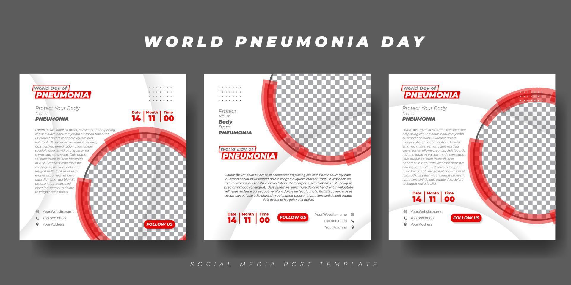 Set of social media post template with white and red color design. World Pneumonia Day template design. vector