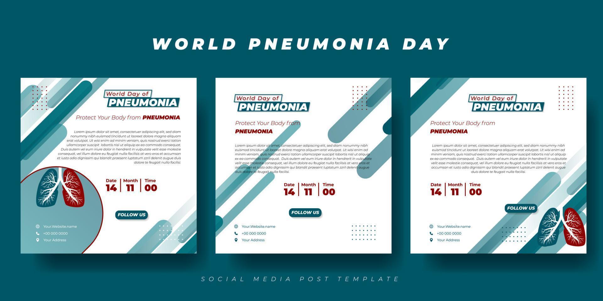 Set of social media post template with green and white color design. World Pneumonia Day template design. vector