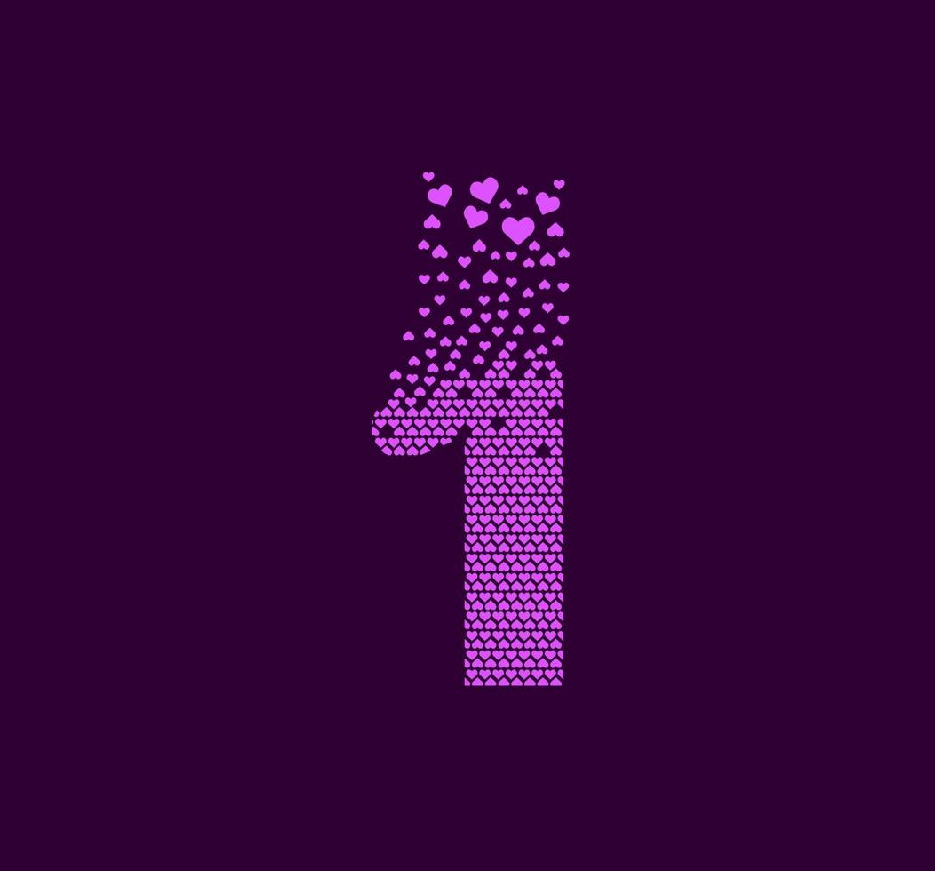 Heart number 1 animated pixel dot logo. Big 1 mark pixels up. vector