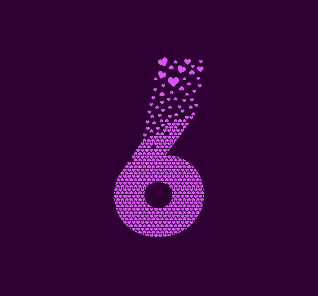 logotipo de punto de píxel animado número 6 del corazón. 6 píxeles de marca grandes hacia arriba. vector