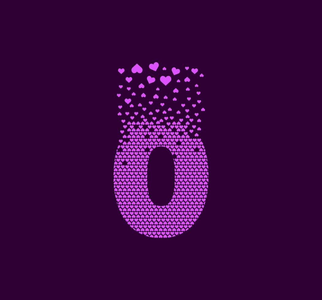 Heart number 0 animated pixel dot logo. Big 0 mark pixels up. vector