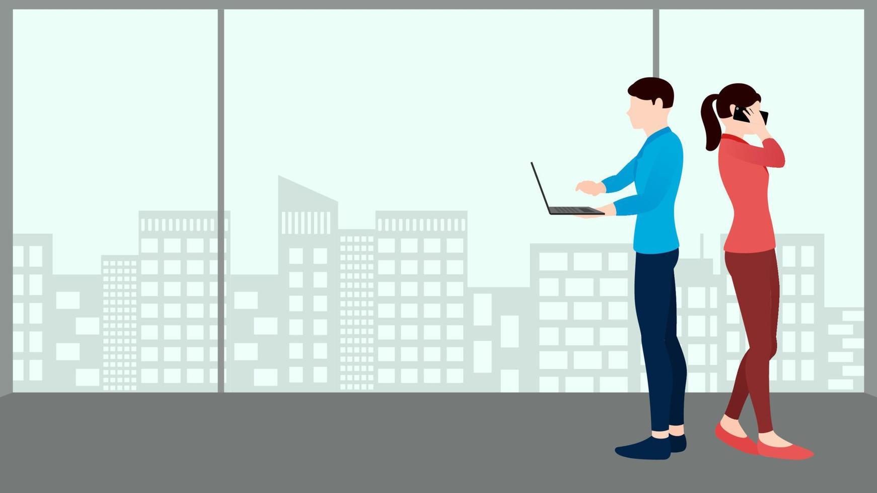 hombre usando laptop y mujer en llamada telefónica, ilustración de personaje de vector de concepto de negocio en fondo de edificio plano.