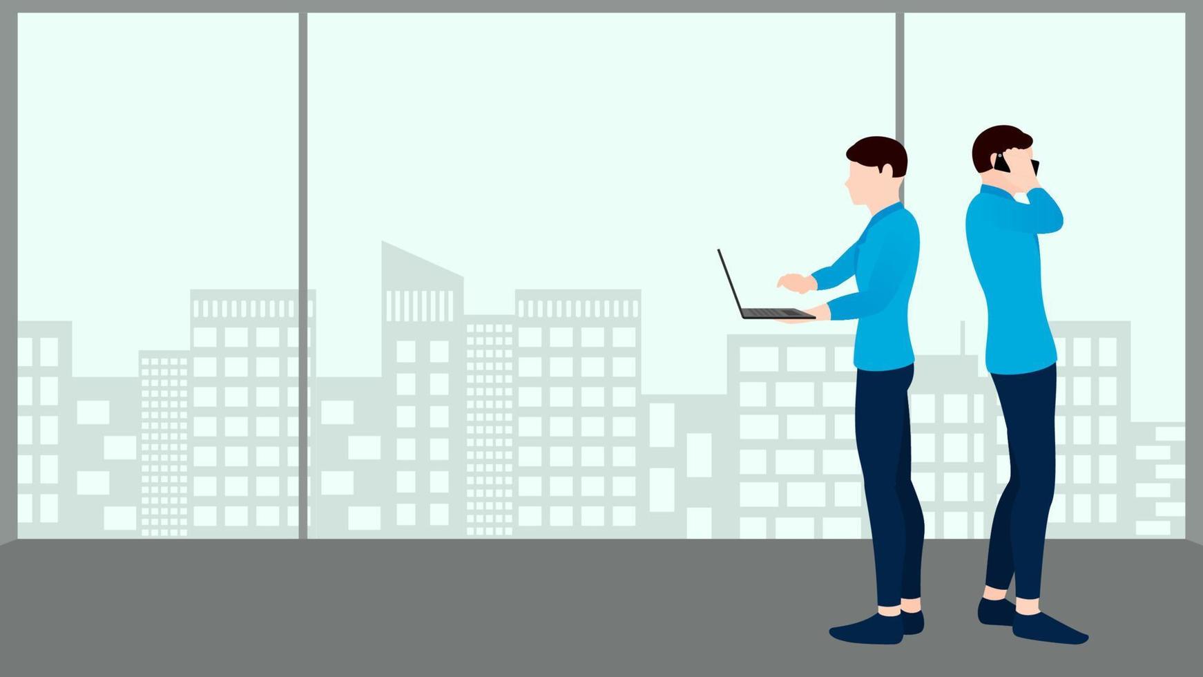 hombre que usa la computadora portátil y el hombre en la llamada telefónica, ilustración de carácter vectorial de concepto de negocio en el fondo del edificio plano. vector