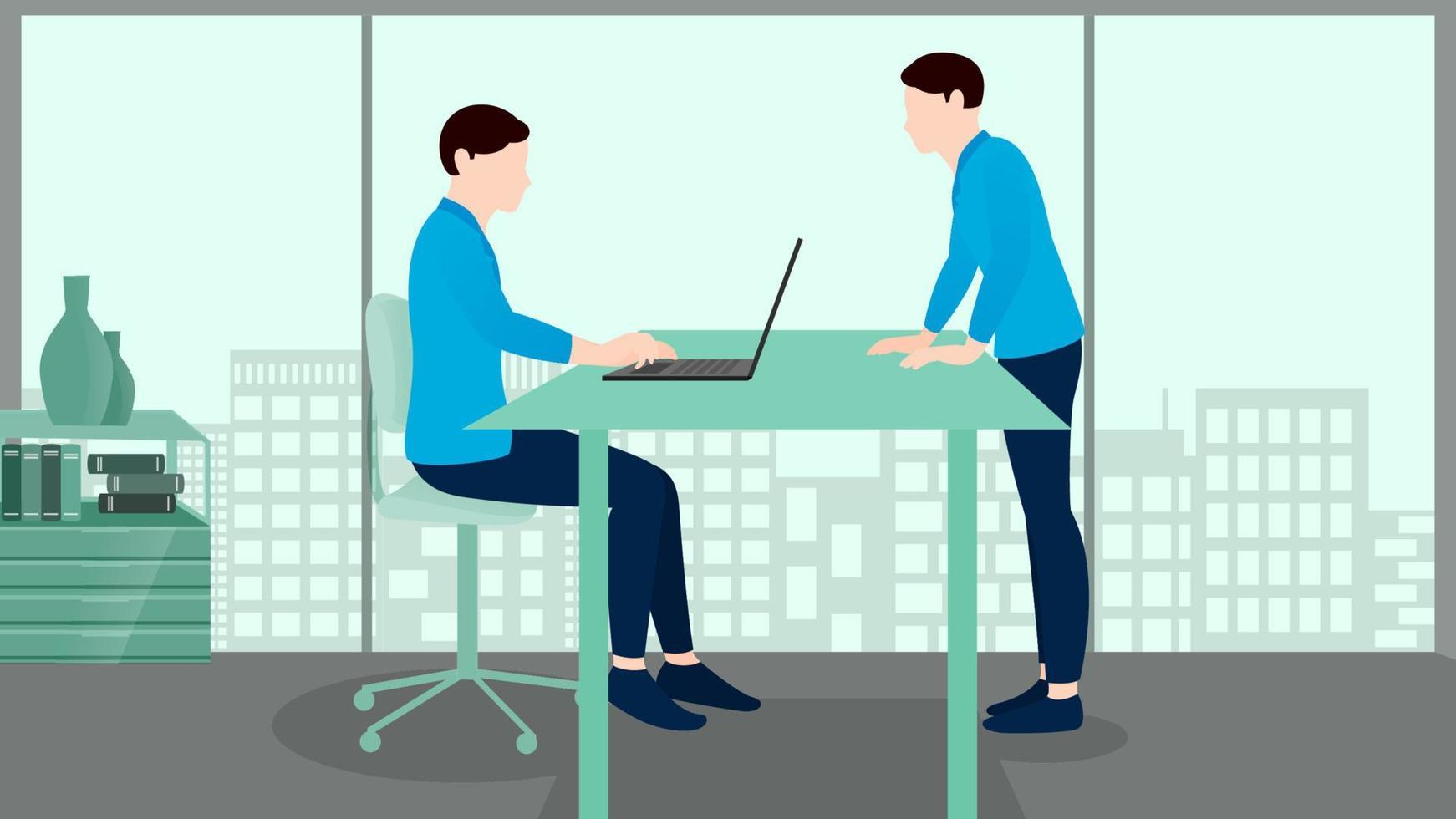 man using laptop and other man is standing near the table, business concept vector character illustration on flat building background.
