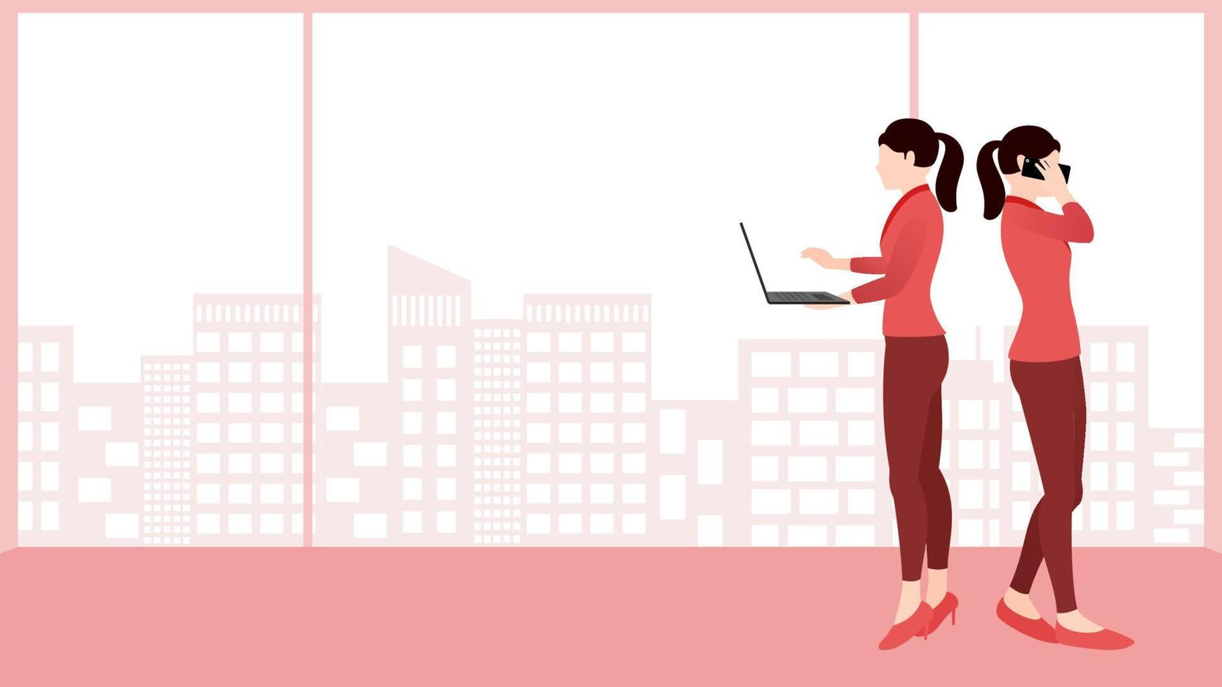 mujer usando laptop y mujer en llamada telefónica, ilustración de personaje de vector de concepto de negocio en fondo de edificio plano.