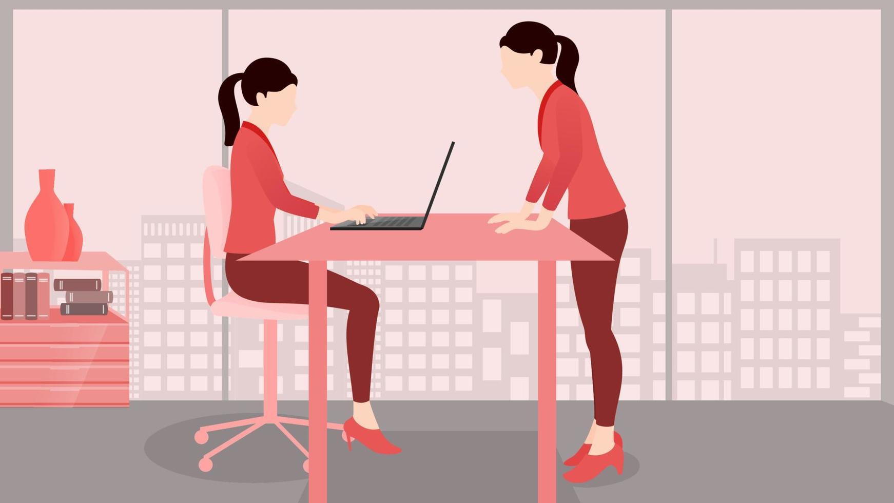 mujer que usa laptop y otra mujer está parada cerca de la mesa, ilustración de personaje de vector de concepto de negocio en el fondo de edificio plano.