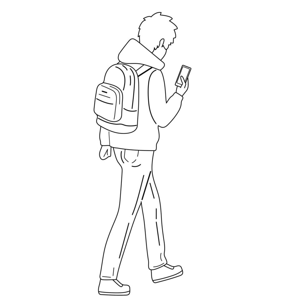 el chico viaja con una mochila y un teléfono.senderismo vector