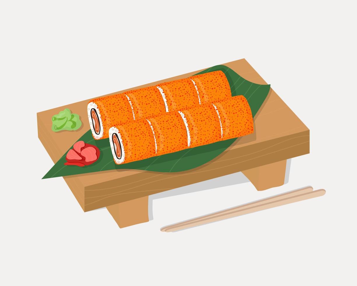 Set of traditional Japanese dishes of rolls and sushi with seafood. On a wooden tray vector