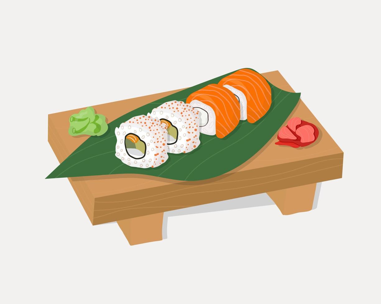 conjunto de platos tradicionales japoneses de rollos y sushi con mariscos. en una bandeja de madera vector