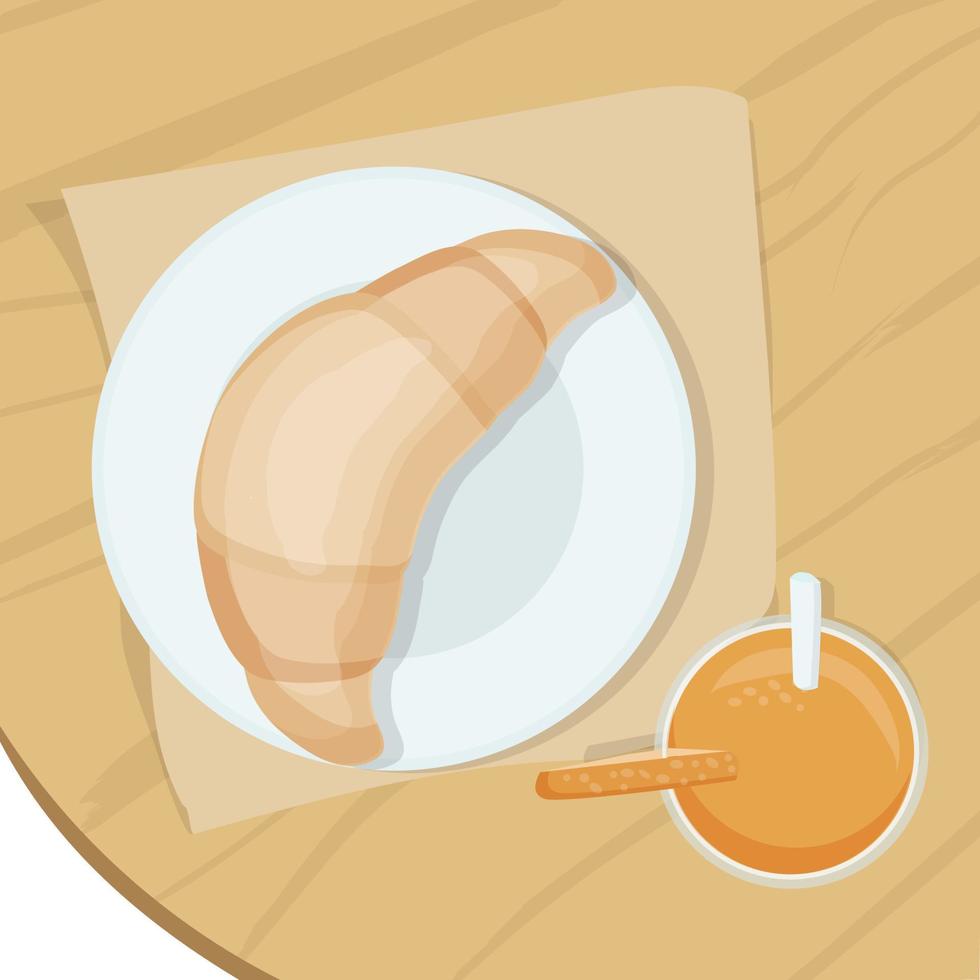 croissant recién hecho para el desayuno. un pastel y una bebida es un bocadillo delicioso vector